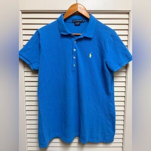 Ralph Lauren Sport Polo Shirt Womens XL Blue Yellow Pony Logo Cotton Casual VTG